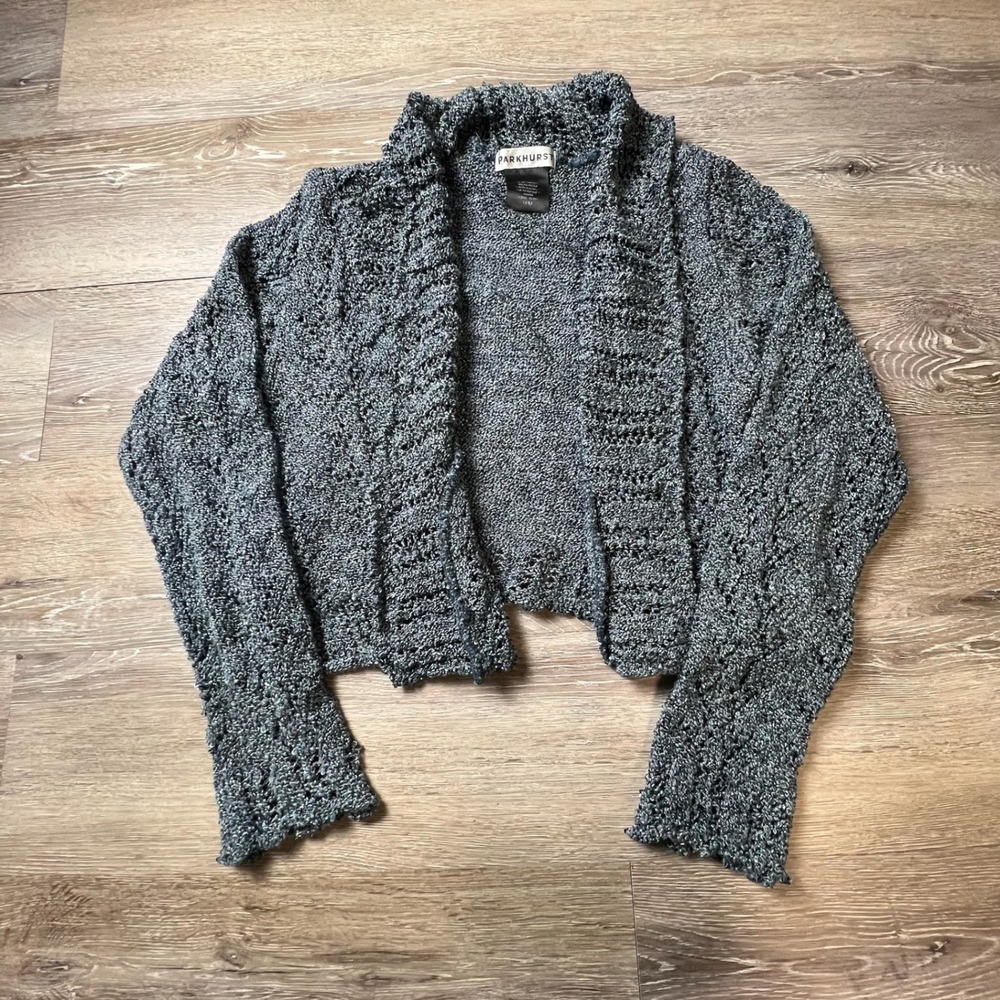 Parkhurst Cropped Cardigan Womens Medium Grey Marled Pointelle Knit Open Shrug